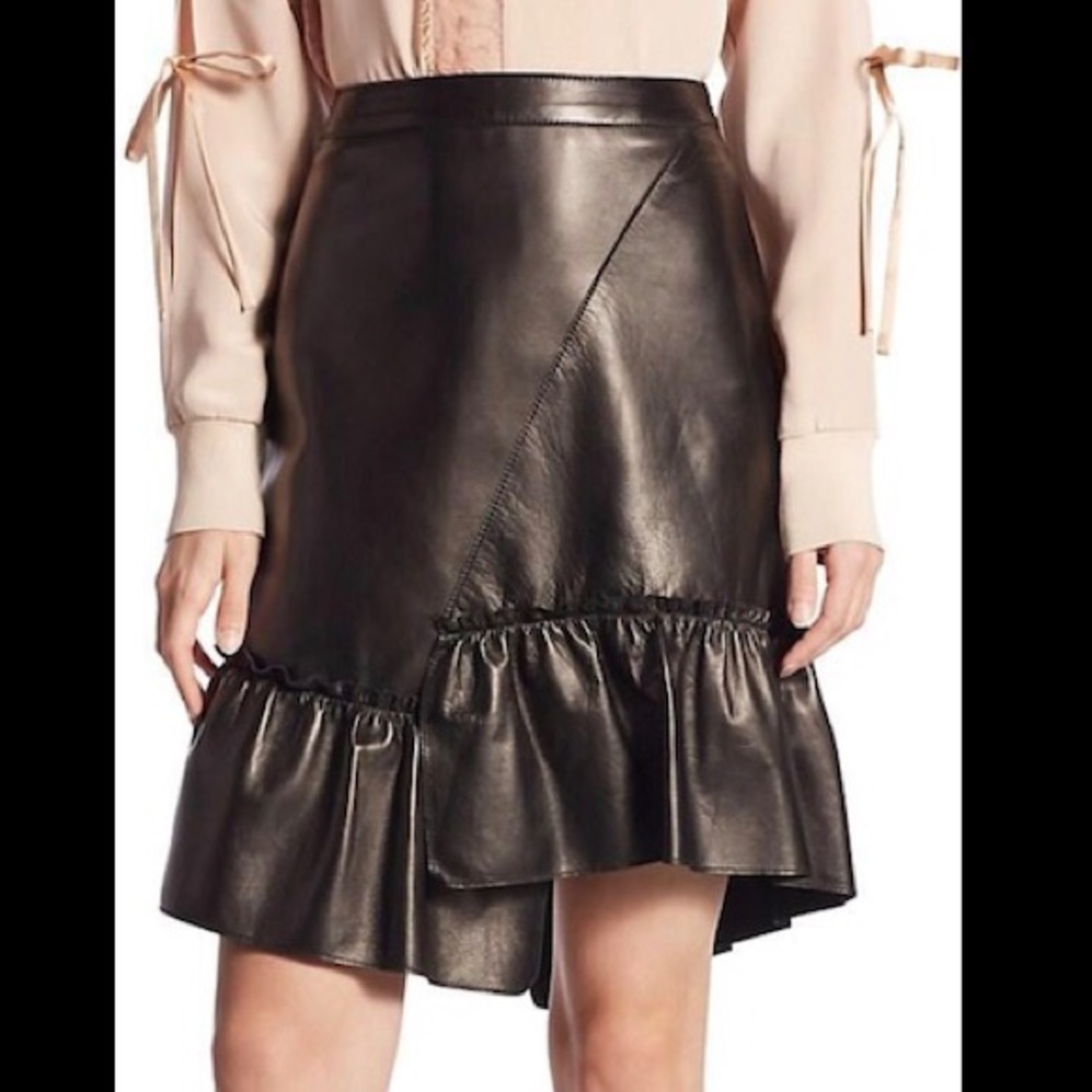 3.1 Phillip Lim Asymmetrical Black Leather Skirt 8 Ruffle Hem